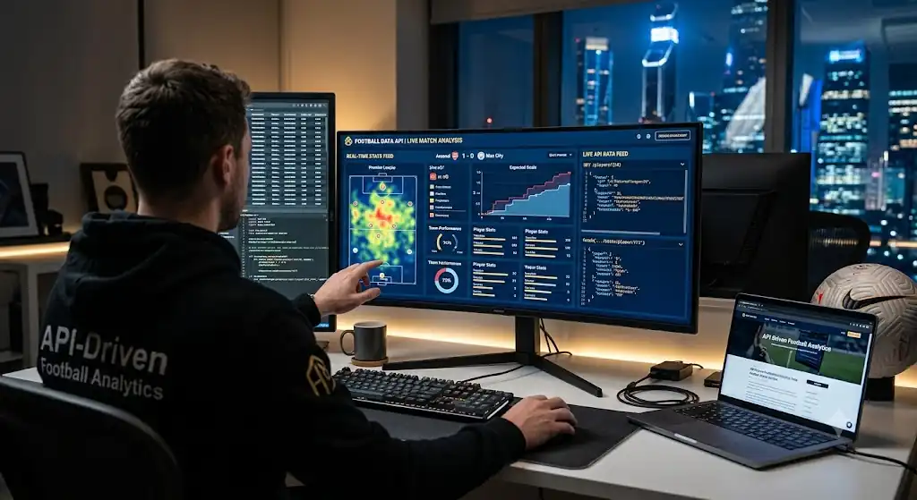مبرمج يحلل البيانات باستخدام أفضل API كرة قدم مجاني لجلب الإحصائيات الرياضية لموقع ووردبريس